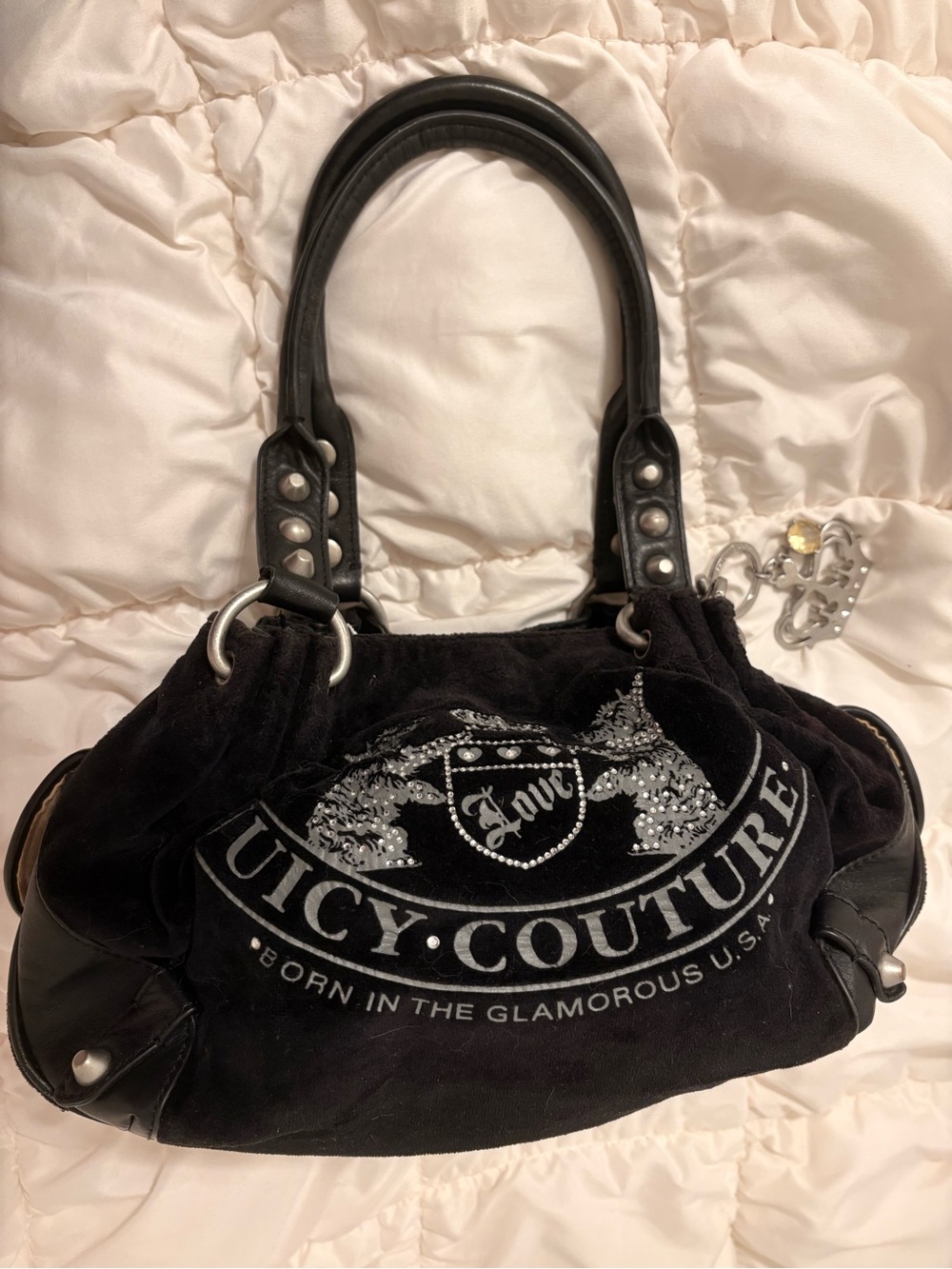 Juicy Couture Black Velour Logo Shoulder Bag with Crystal Accent